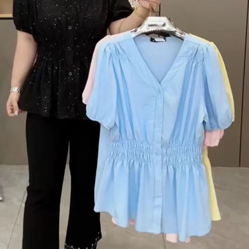 Shirt And Blouse Short Sleeve Solid Top Women's Clothes Simple V-neck