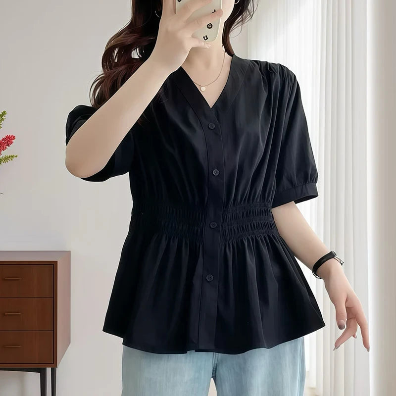 Shirt And Blouse Short Sleeve Solid Top Women's Clothes Simple V-neck