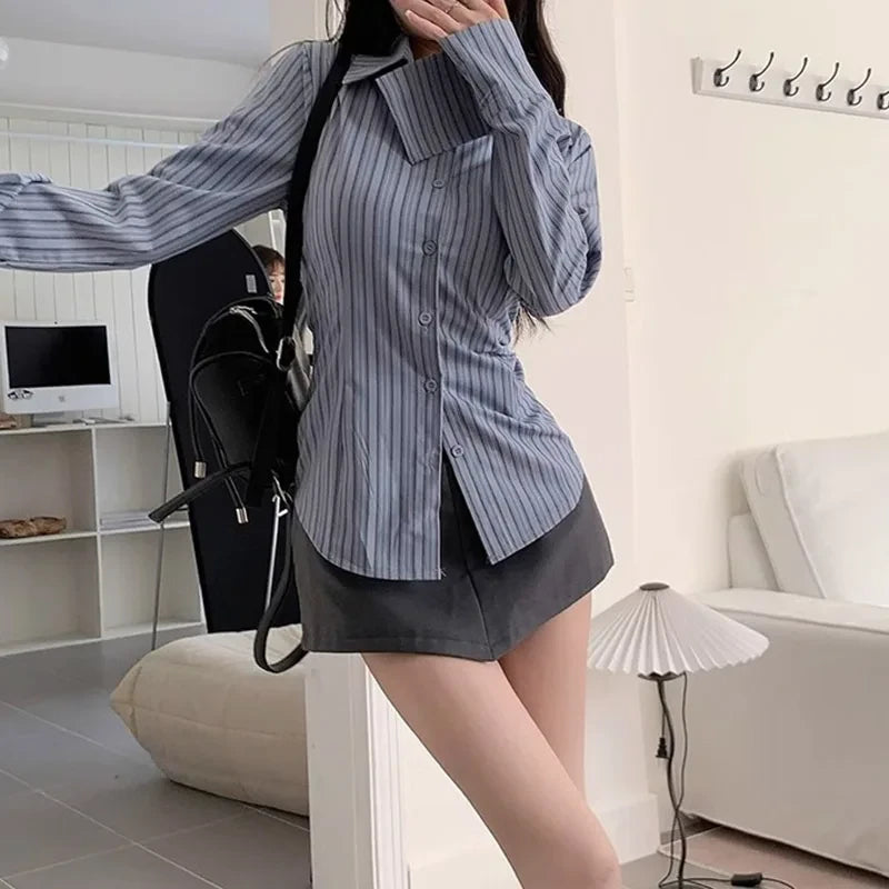 Long Sleeve Shirt Jacket Women's Waist Cinching Slimming Top Women Clothing